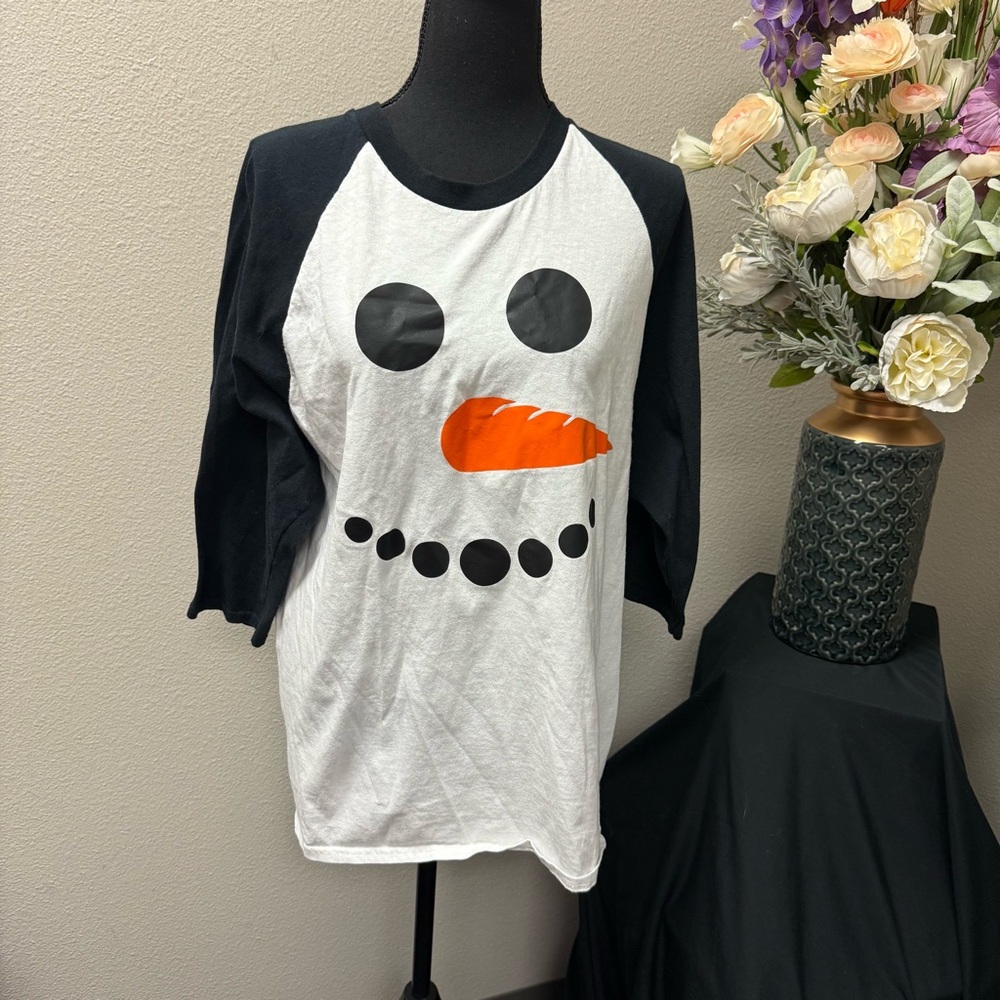 Cute Snowman Face Baseball Tee Black White Holiday Graphic Top Winter Fun